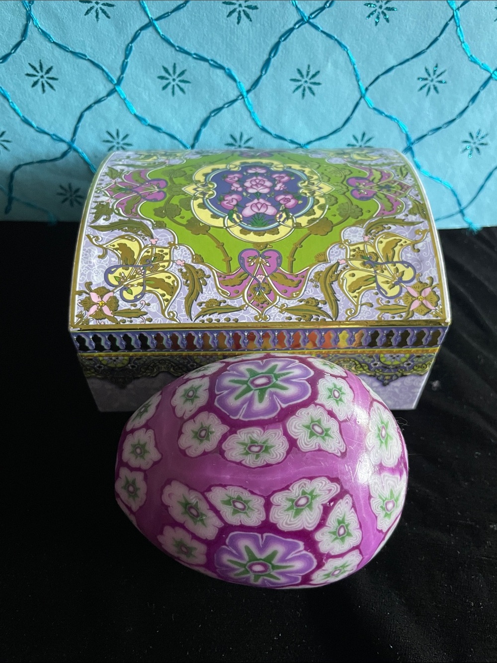 Ornate Purple/Green Jewelry Box - Soap Box Gift Set + Vintage Purple Egg Candle